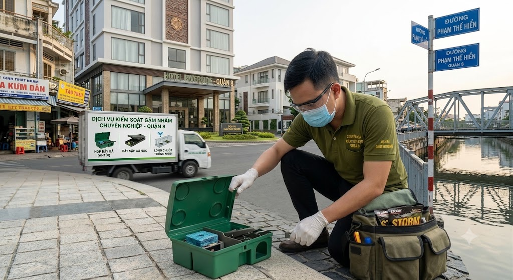 Kỹ thuật viên làm dịch vụ kiểm soát chuột tại quận 8