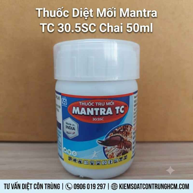 Thuốc diệt mối Mantra TC 30.5SC, hóa chất phòng chống mối chuyên nghiệp hiệu quả cao cho công trình xây dựng của Heranba (Ấn Độ). Mantra TC 30.5SC chai 50ml. Pha 25 lít nước, xử lý 5m2